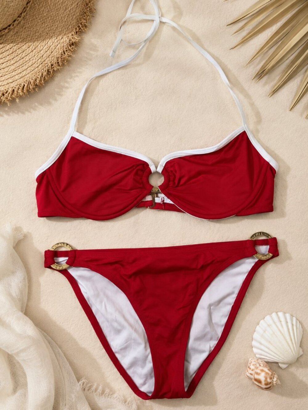 Anne Cole Red White Halter Bikini Set Size 10 Nautical Pin Up Swimwear